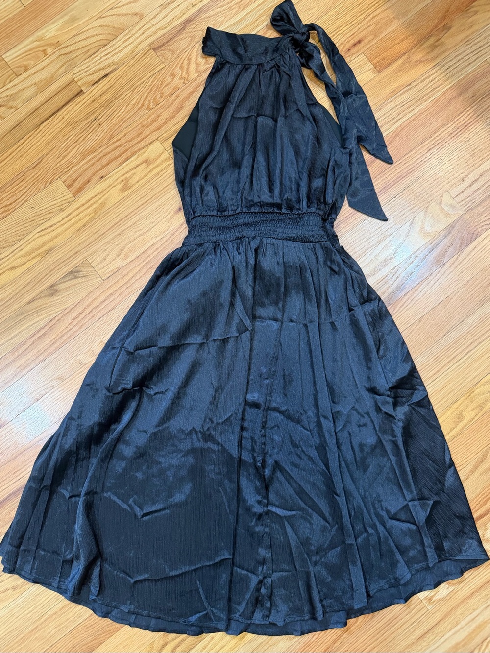 PINCH Black Tie Neck Smocked Blouson Midi Dress